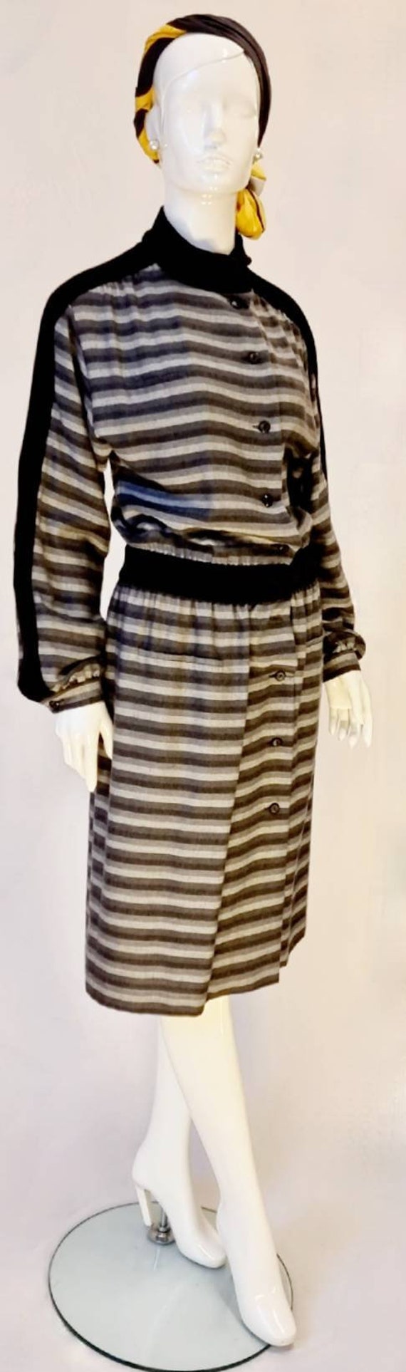 Vtg 70s Valentino Russian Inspired Dress in Grey Wool Stripe W 