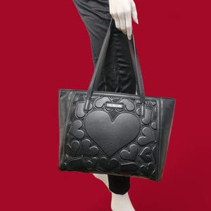 Vintage Y2K Love Moschino Black Heart Embossed Tote, Red Satin 