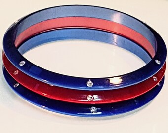 Vintage 50’S Monglow Lucite Rhinestone Bangles -Blue and Red Stacking Bangle Trio w Sparkling Inset Rhinestone Crystals