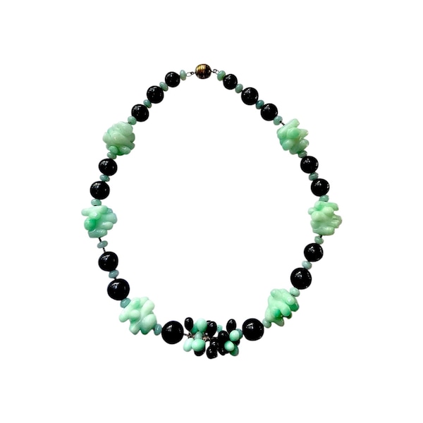 1920s Art Deco Louis Rousselet Necklace - Unique Jade and Onyx Czech Glass Beads on Silver Serpentine Wire.