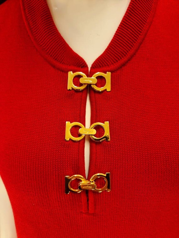 Vtg 70s Salvatore Ferragamo Cherry Red Cotton Kni… - image 9