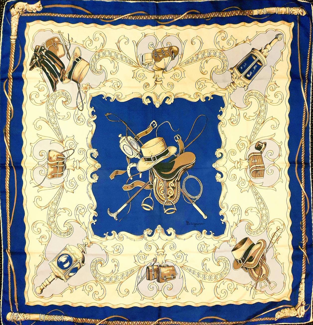 Foulard Carré En Soie BAYRON 90x90 Cm - Vert - Vintage Occasion Très Bon état