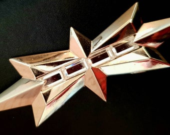 Vtg 92 Thierry Mugler Angel Perfume Large Chrome & Crystal Inset Star Brooch - New Wave Atomic Pop Art Collectable Jewellery- Firmato.