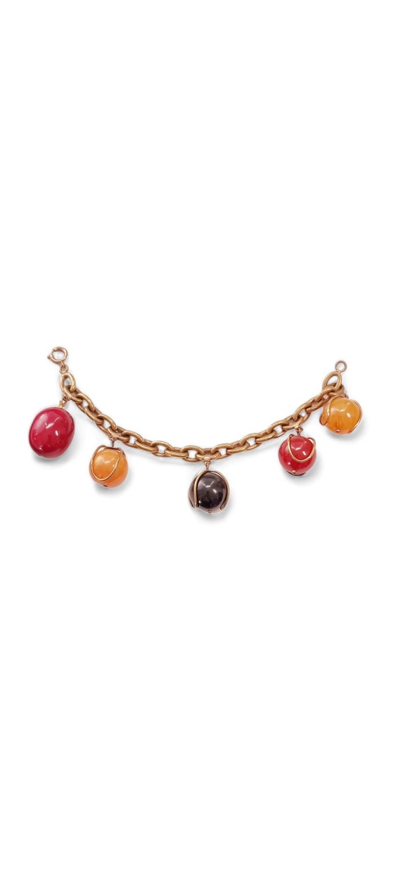 Vtg 40s Bakelite & Gilded Brass Charm Bracelet w … - image 1