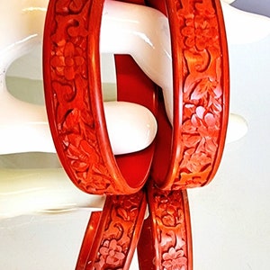 Antique 1900s Chinese Export Red Cinnabar Bangles - Finely Carved Lacquered Metal Core - As a Pair