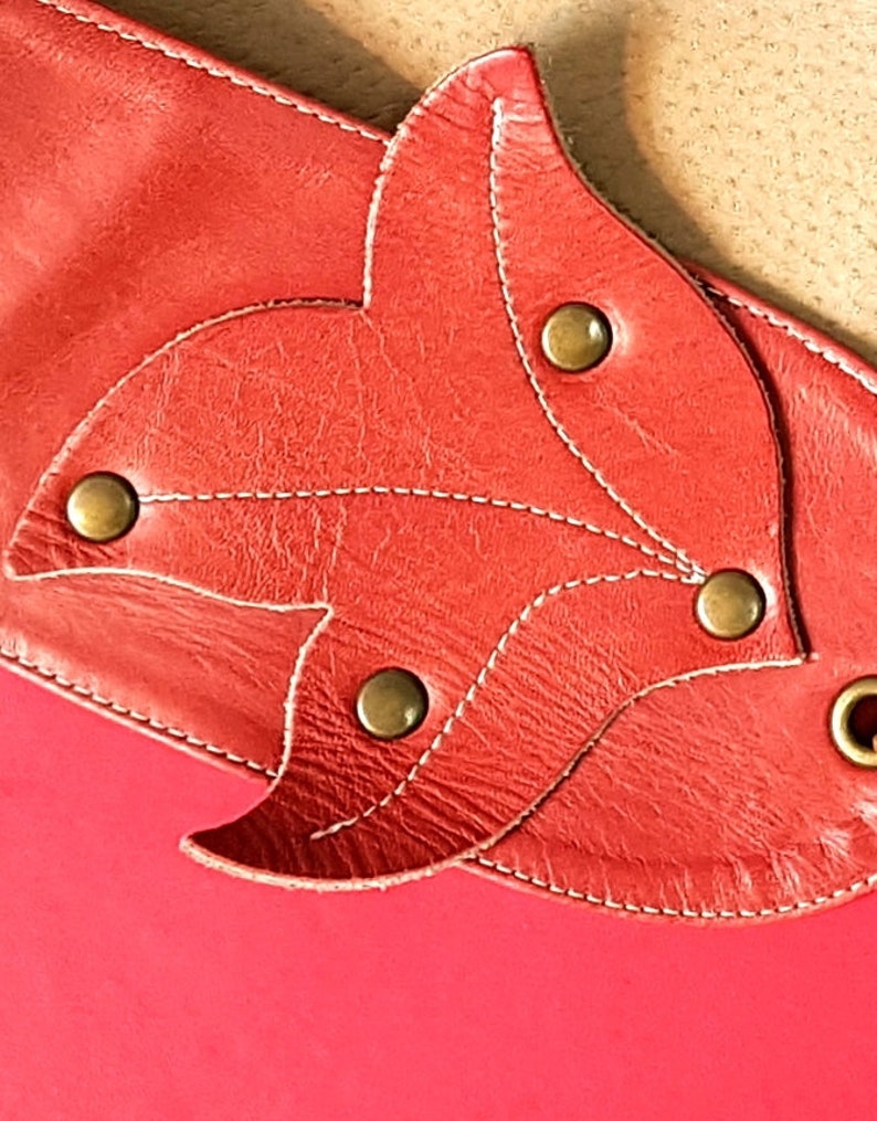 Vintage 70\u2019s Bo-Ho Lux Pommegranite Red Leather Rivet Lace Up Dangling Tie Belt with Studded Leaves Detailing