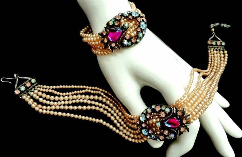 Vintage '50s Florenza Multi-Strand Demi Parure Pearl Choker & Bracelet with Swarovski Crystals and Pink and Blue Bicolor Cabochon Clusters. image 2