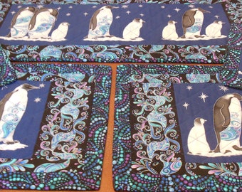 Quilted set of 5  penguins for your table.  Small table runner, 2 placemats, and 2 mug rugs.