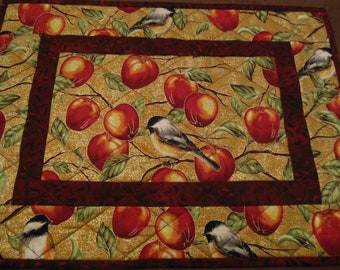 Quilted apple/chickadee fall placemats.  Set of 6.
