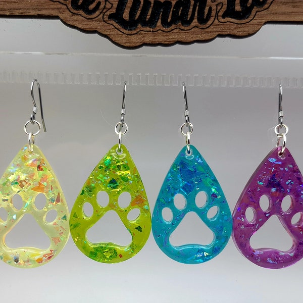 Handmade Resin Colorful Tear Drop Paw Print Earring Rainbow assortment with iridescent flakes
