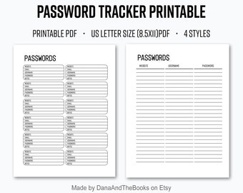 Password Tracker - Printable PDF - Password Log - Password Keeper - Instant Download - US letter size - Simple