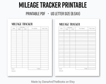 Mileage Tracker Printable - PDF - Simple Mileage Trip Log Template Sheet - Instant Digital Download - US letter size