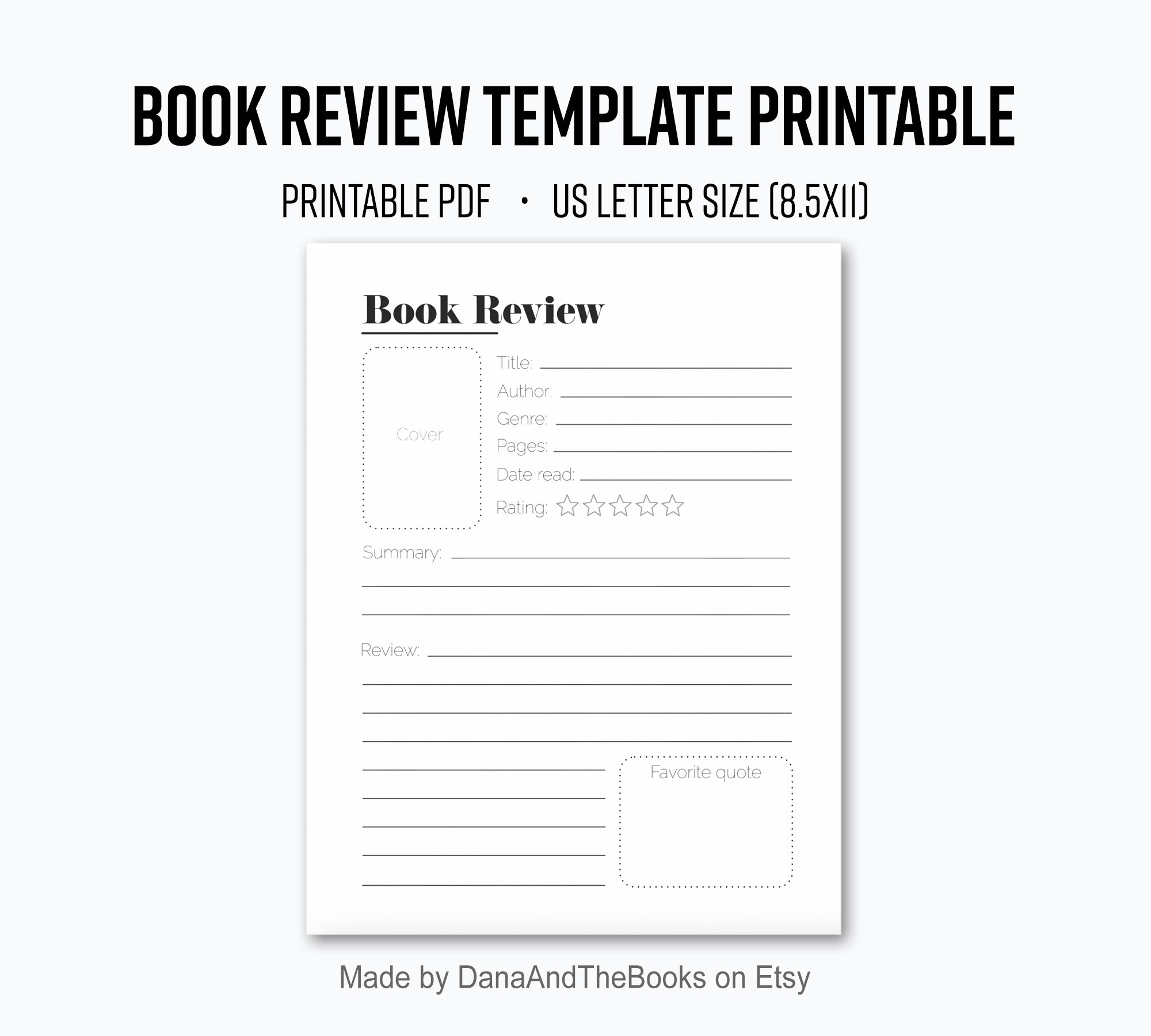 Book Review Organizer Page Printable - PDF - Simple Book Review Template  Sheet - Instant Digital Download - US Letter Size - Etsy, image size:2000x1800