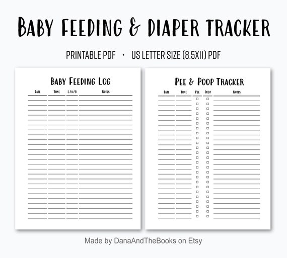 Baby Feeding and Diaper Tracker PDF Breastfeeding Log Pee Poop  tracker Simple Baby Log Instant Digital Download US letter size