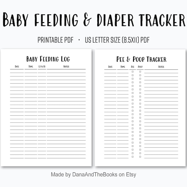 Baby Feeding and Diaper Tracker - PDF - Breastfeeding Log - Pee & Poop tracker - Simple Baby Log - Instant Digital Download - US letter size