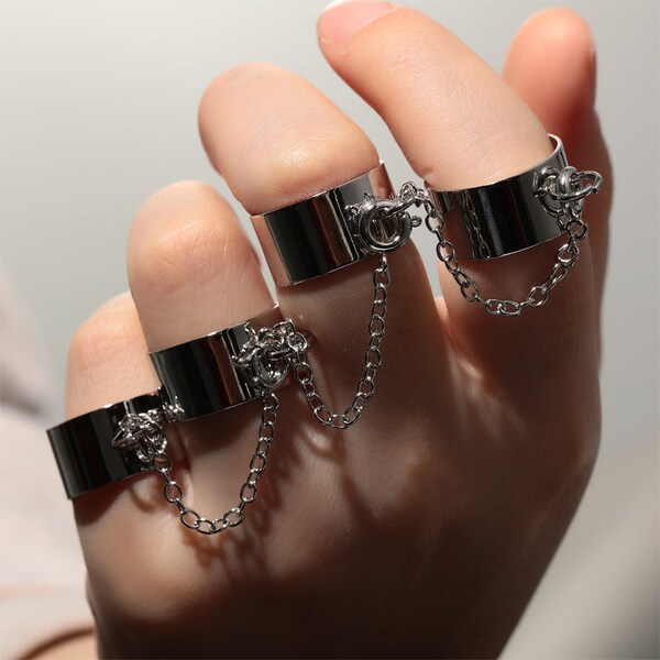 Adjustable Four Bohemian Punk Finger  Rings Silver color with chains Connecting