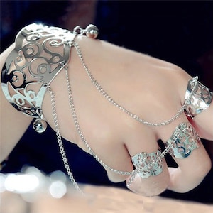 Finger Ring Simple Multilayer Tassel Cuff Bracelet with Hand Chains Silver back in stock