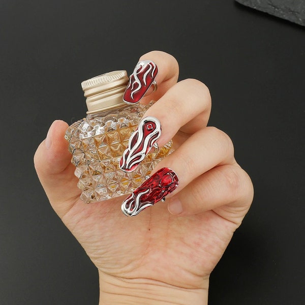 Set of Three   Red Punk Armor Finger Nail Art Rings