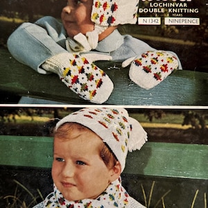 May include: Vintage knitting pattern cover featuring children wearing knitted hats, scarves, and mittens. The white accessories have a colorful geometric pattern. The text on the cover reads "Lister Lochinvar Double Knitting".
