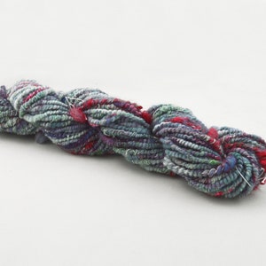 May include: A skein of yarn in shades of blue, green, and red. The yarn is made of a blend of fibers and has a textured appearance.