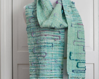 Spearmint Saori Handwoven Scarf Handspun Handmade