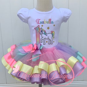 Girl&#39;s Embroidered Rainbow Unicorn Birthday Tutu Outfit/Girl&#39;s 1st Birthday Unicorn Tutu Set/Girl&#39;s Embroidered Unicorn Birthday Outfit