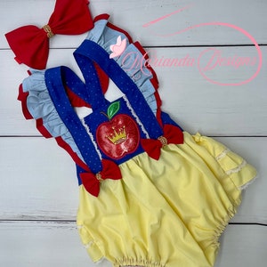 Snow White Inspired Ruffled Romper, Girl&#39;s Snow White Inspired Birthday Outfit, Baby Girl Birthday Set, Girl&#39;s 1st Birthday Outfit