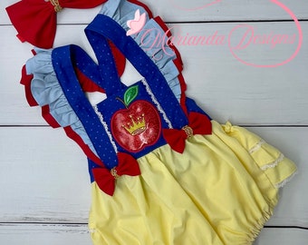 Snow White Inspired Ruffled Romper, Girl's Snow White Inspired Birthday Outfit, Baby Girl Birthday Set, Girl's 1st Birthday Outfit