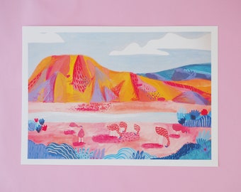 Flamingo Wanderlust Travel Print Colourful Vibrant A3 Illustration Laguna Colorada Bolivia South America Wax Pastels Landscape