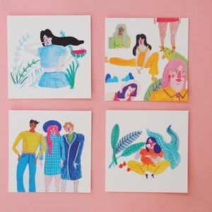 Set von 4 quadratischen Postkarten, Mode Illustration, Wassermelonen, Modemarke, hohe Taille, kräftige Farbe, Minimalismus, Wandkunst, Kunstdruck