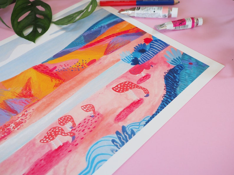 Flamingo Wanderlust Travel Print Colourful Vibrant A3 Illustration Laguna Colorada Bolivia South America Wax Pastels Landscape