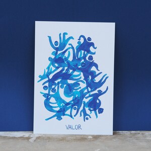 Blue Dancers Ink Illustration Print, Courage, Valor, 300gsm Recycled Paper, Incoraggiamento pittura modernista blu, Pittura jazz