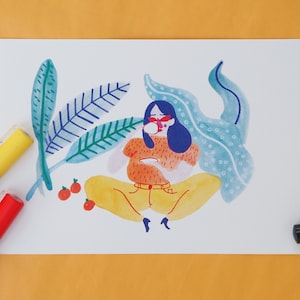 Tea time pianta lady A5 illustrazione, illustrazione di moda, vegan lady, giungla stampa, atmosfera tropicale, wall art, stampa di sfondo, carta da parati