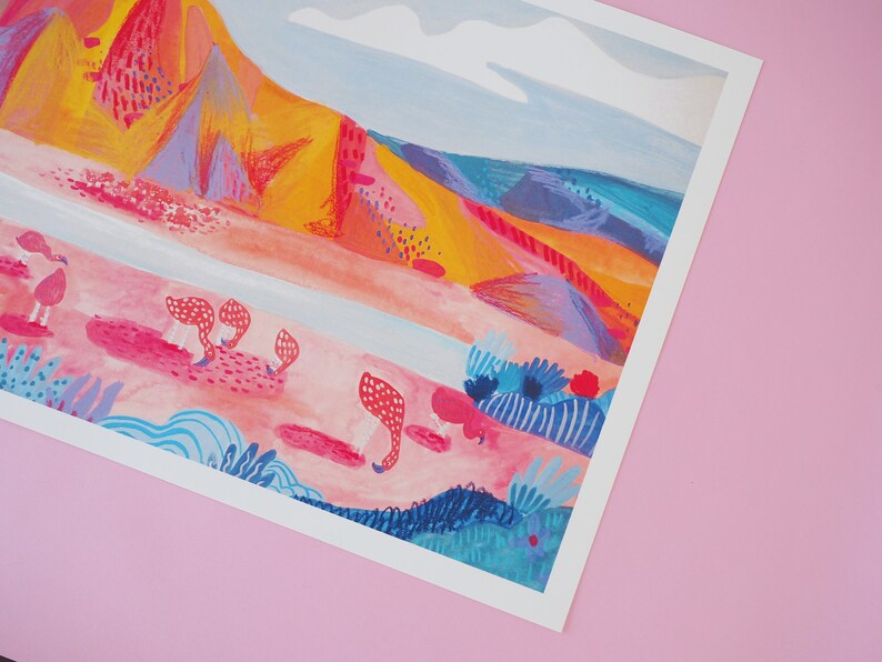 Flamingo Wanderlust Travel Print Colourful Vibrant A3 Illustration Laguna Colorada Bolivia South America Wax Pastels Landscape