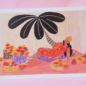 Mango Lady au Sénégal Carte postale d’illustration A5, mur de galerie, illustration de voyage, amoureux de mangue, illustration exotique, art de mur, impression d’art