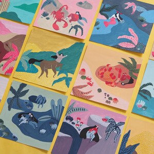 May include: A set of ten illustrated cards featuring various animals and people in a whimsical style. The cards are painted in bright colors and feature a variety of textures. The cards are perfect for adding a touch of whimsy to any space.