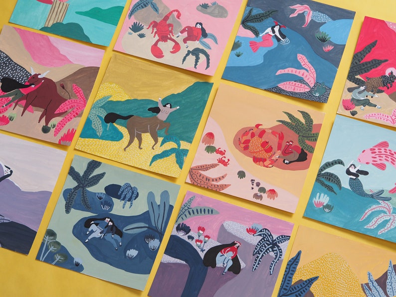 May include: A set of ten illustrated cards featuring various animals and people in a whimsical style. The cards are painted in bright colors and feature a variety of textures. The cards are perfect for adding a touch of whimsy to any space.