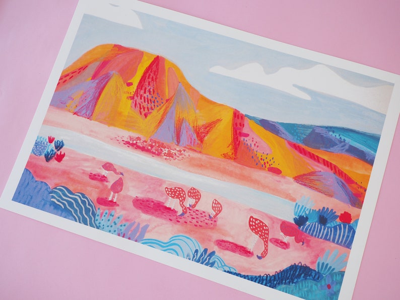 Flamingo Wanderlust Travel Print Colourful Vibrant A3 Illustration Laguna Colorada Bolivia South America Wax Pastels Landscape
