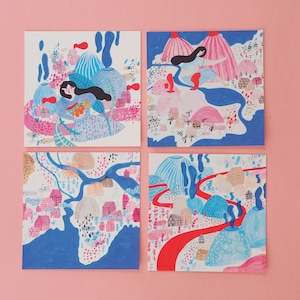 Set von 4 Postkarten, Dörfer, niedlichem, Berge und Vulkane, Mädchen in den Bergen, Mode-Illustration, kräftigen Farben, Häuser