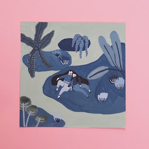 May include: Two figures in blue clothing are sitting on a blue and green background with stylized plants and flowers. The figures are facing each other and appear to be embracing.