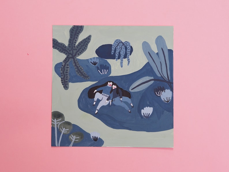 May include: Two figures in blue clothing are sitting on a blue and green background with stylized plants and flowers. The figures are facing each other and appear to be embracing.