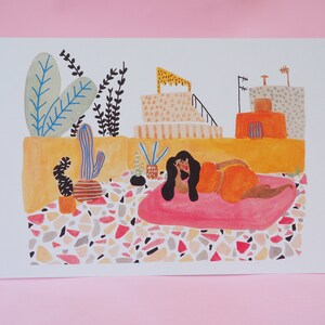Terrazzo Lady im Senegal A5 Illustration Postkarte, Galerie Wand, Reise-Illustration, Terrazzo-Liebhaber, Illustration, Wandkunst, Kunstdruck