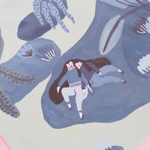 May include: A painting of two women with long brown hair, wearing blue clothing, lying on a blue and white floral background.