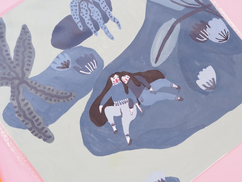 May include: A painting of two women with long brown hair, wearing blue clothing, lying on a blue and white floral background.