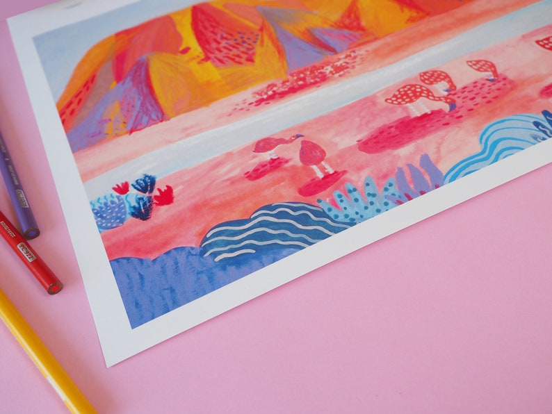 Flamingo Wanderlust Travel Print Colourful Vibrant A3 Illustration Laguna Colorada Bolivia South America Wax Pastels Landscape
