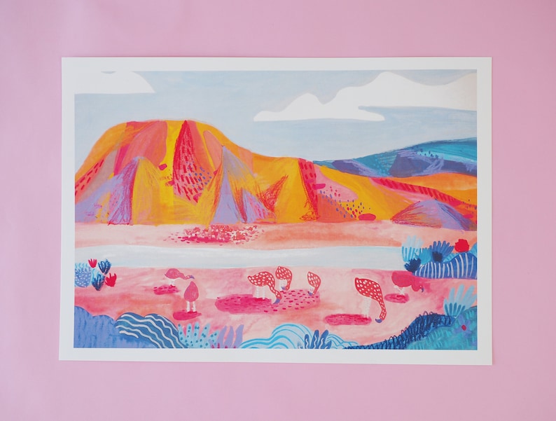 Flamingo Wanderlust Travel Print Colourful Vibrant A3 Illustration Laguna Colorada Bolivia South America Wax Pastels Landscape