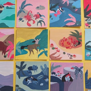 May include: A set of 10 illustrated cards featuring various animals and people in different settings. The cards are painted in a colorful style with a whimsical feel. Each card features a different animal, including a bull, a crab, a scorpion, a horse, a fish, and a bird.