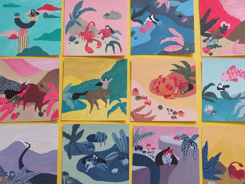 May include: A set of 10 illustrated cards featuring various animals and people in different settings. The cards are painted in a colorful style with a whimsical feel. Each card features a different animal, including a bull, a crab, a scorpion, a horse, a fish, and a bird.