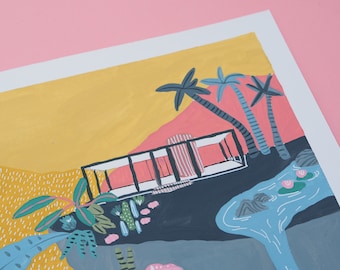 Glass House Gouache Art Print: Philip Johnson Connecticut Architecture
