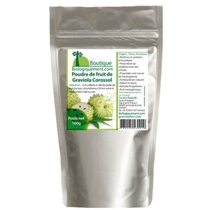 May include: A silver pouch with a white label that reads "Boutique Biologiquement.com Poudre de fruit de Graviola Corossol" and lists the product's origin, uses, and benefits. The pouch contains 100g of powdered graviola fruit.